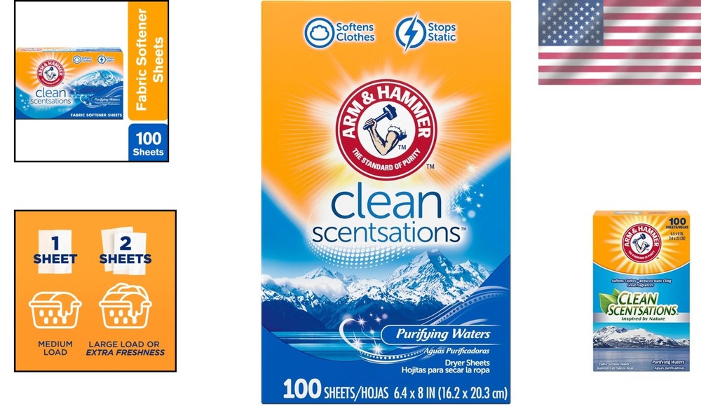 100 Softener Sheets Featuring Purifying Waters - Softness & Static Reduction
