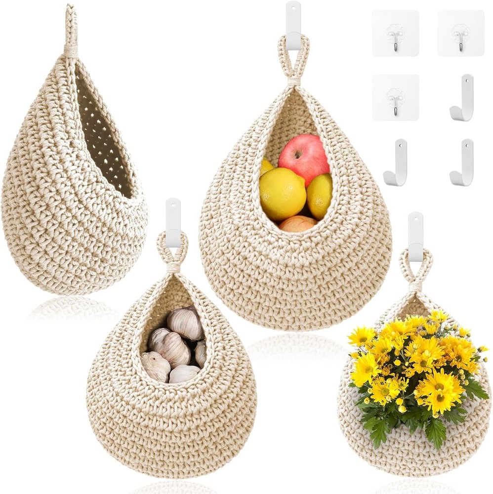 Hanging Fruit Baskets Kitchen 3 Pack Boho Wall Hanging Basket W/ 6 Pcs Strong