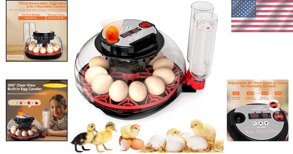 Upgraded HatchPro 12 Egg Incubator with Automatic Turning & Humidity Control