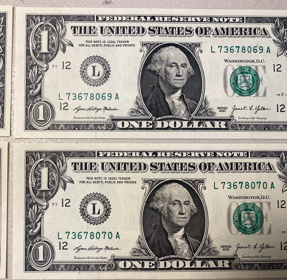 (4) $1 Sequential Bills ERRORS Identical OverInked 7 & Reverse Extra Ink Miscut