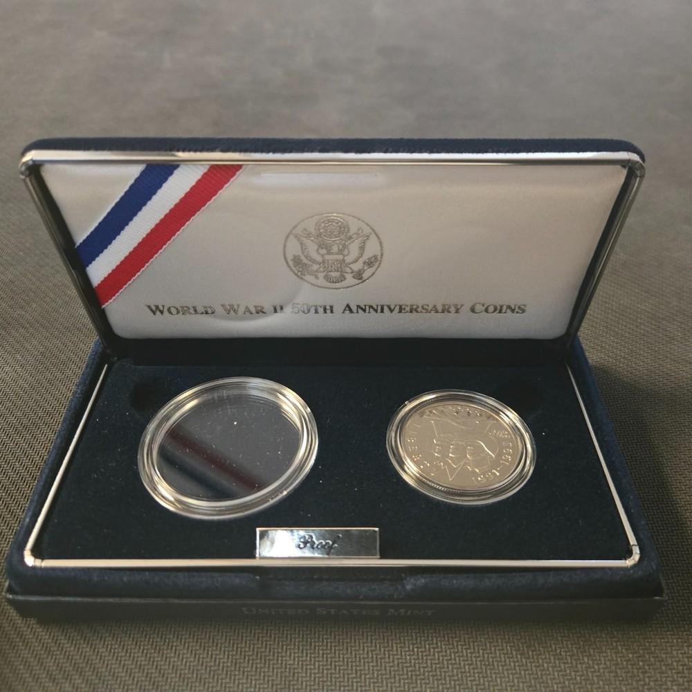 WWII 50th Anniversary Commemorative Proof Set - Missing Silver Dollar - w/ COA