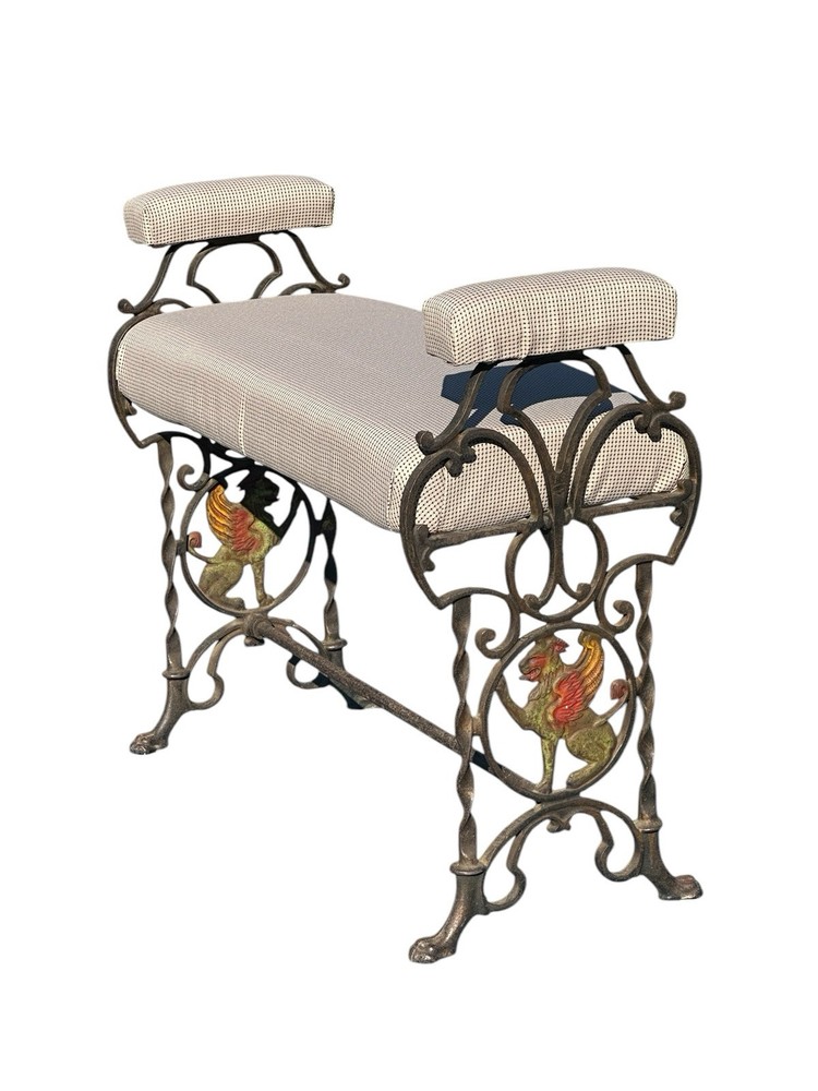 ANTIQUE ART DECO CAST IRON VANITY WINDOW BENCH WITH POLYCHROME GRIFFIN ELEMENTS