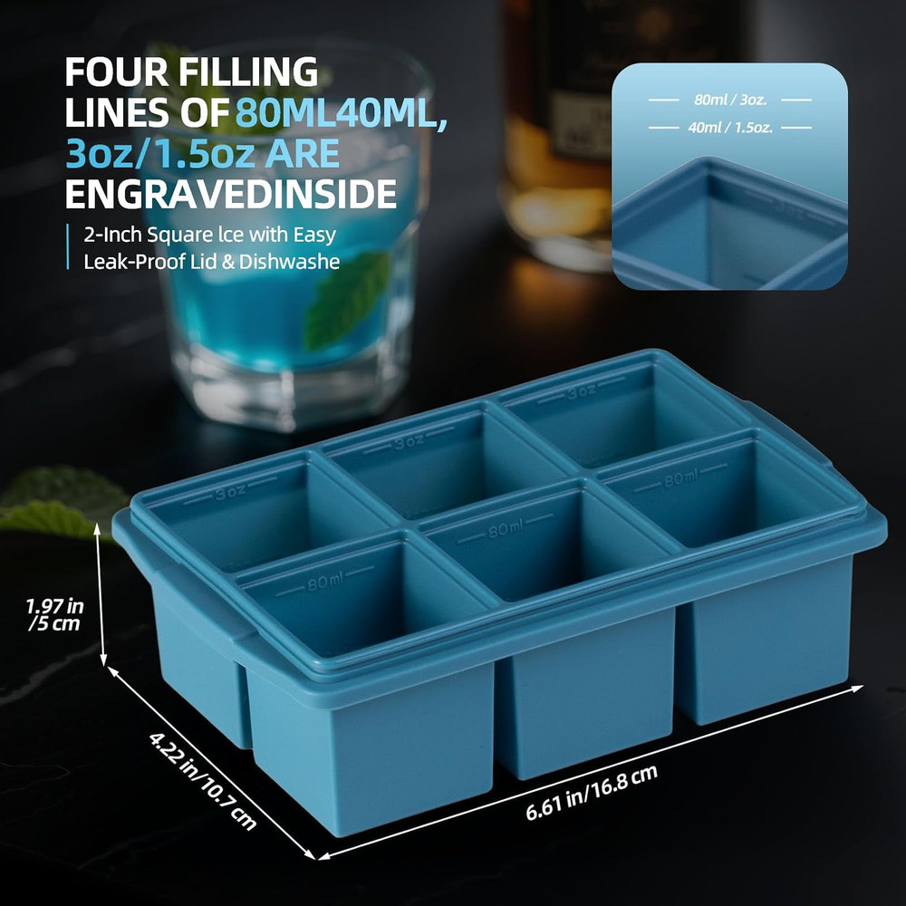 Large Ice Cube Trays for Whiskey (2 Pack) - Silicone Ice Cube Molds with Stee...