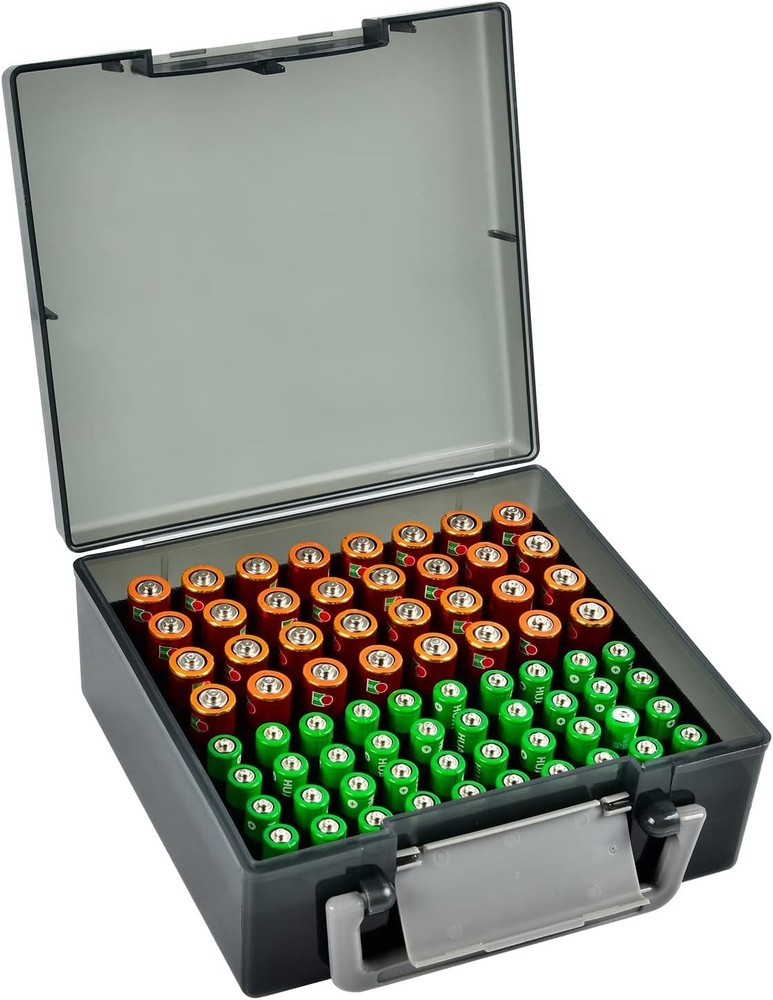 Clear Battery Storage Box for 72 AA/AAA with Latch Closure – Home & Garage Use