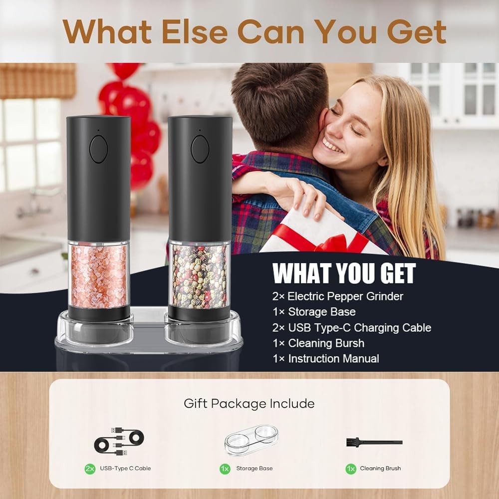 2 Pack Automatic Electric Salt Pepper Grinder Set with Adjustable Coarseness