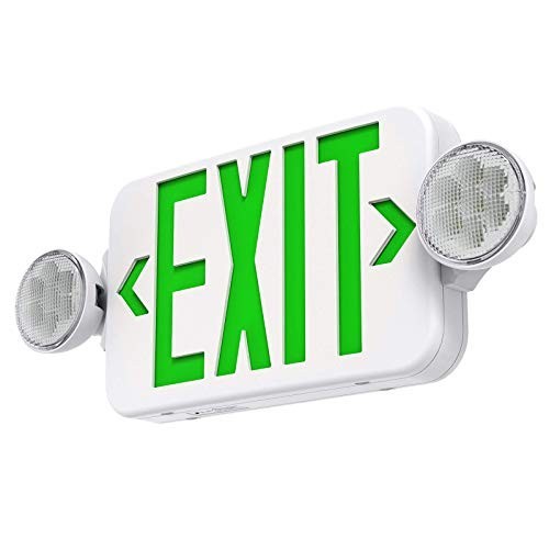 Adjustable Green LED Exit Sign Emergency Light Combo, Double-Sided, Battery Back