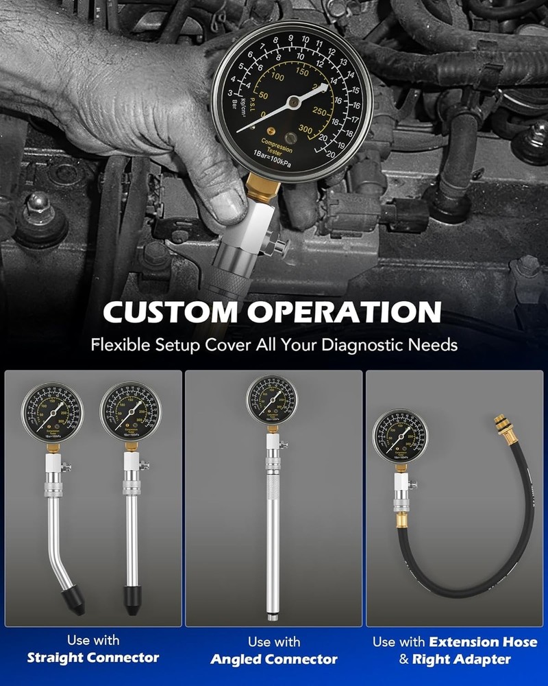 11-Piece Engine Compression Tester Kit with Spark Plug Gauge - Professional Use