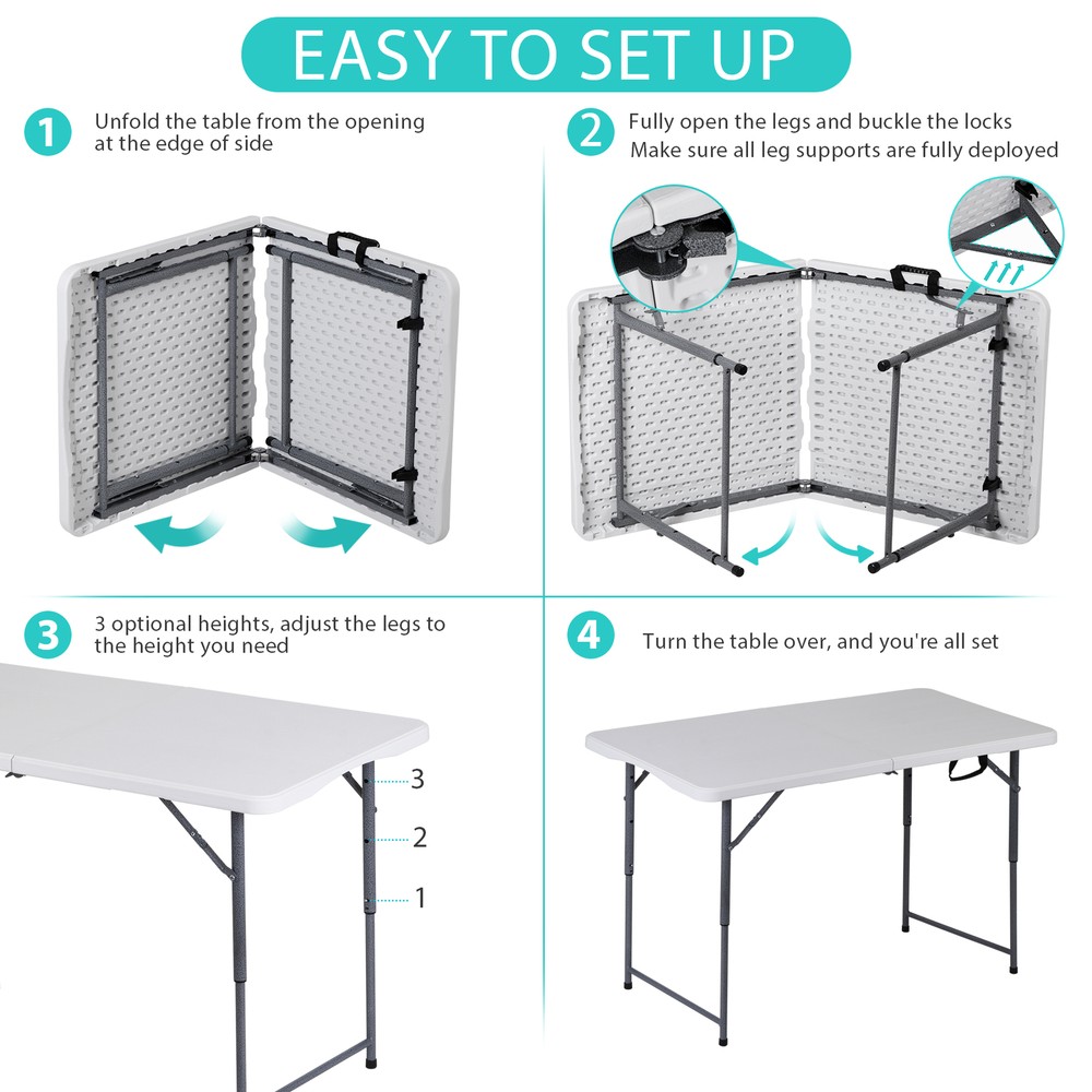 4ft Folding Table Foldable Legs & Adjustable Height Utility Camping Table White