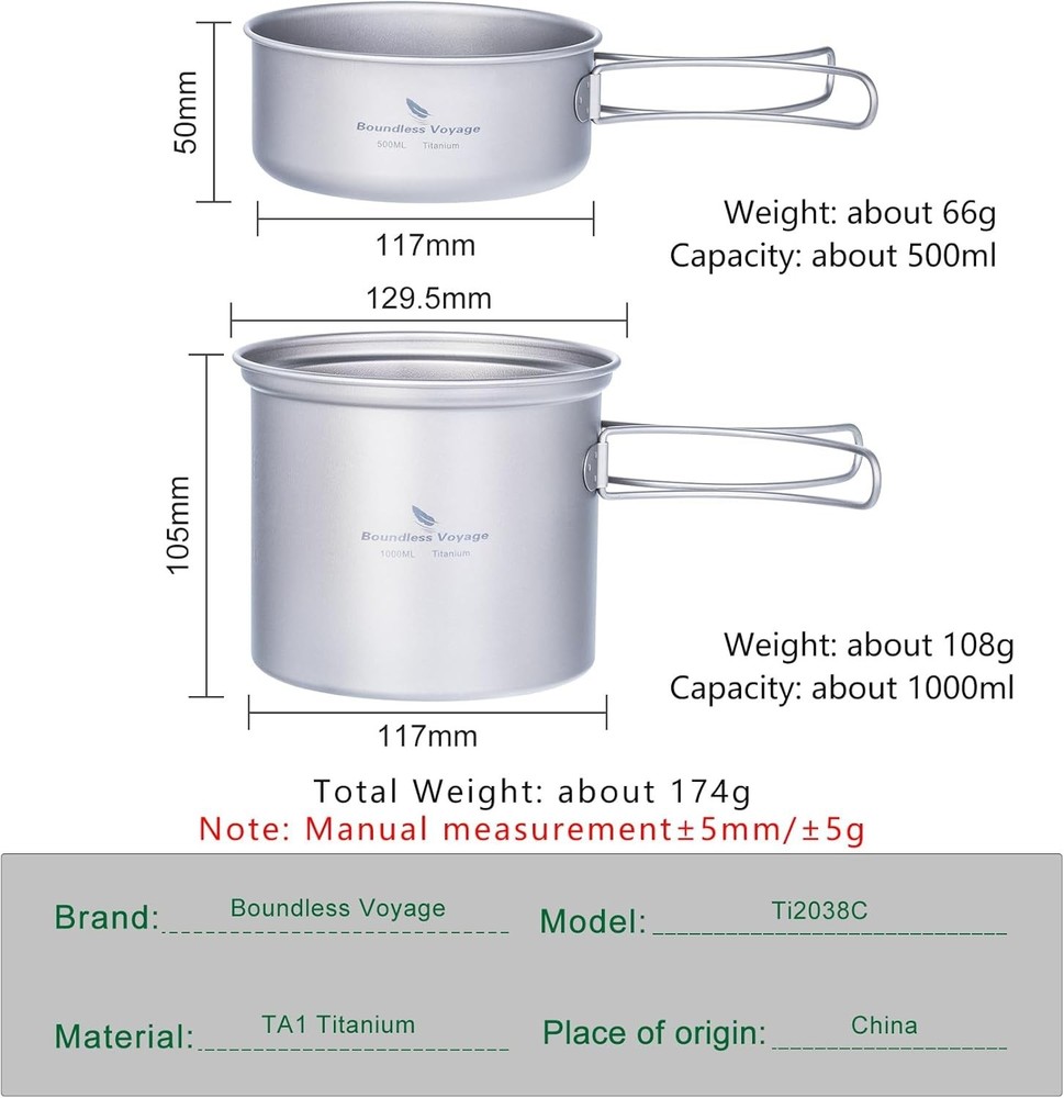 Ultralight Titanium Backpacking Cookset 2-Piece Pots with Folding Handles