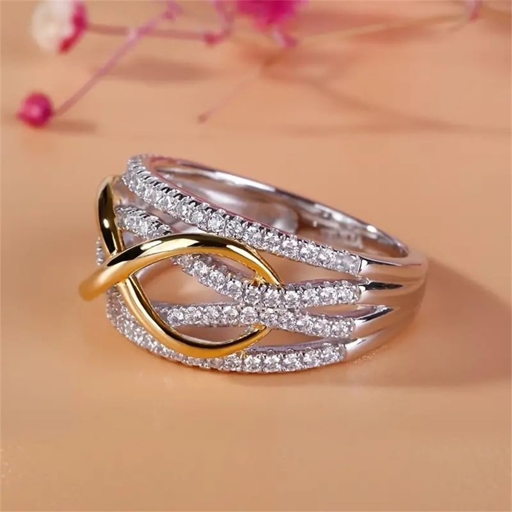 925 Sterling Silver Shiny Full Diamond Gemstone Ring 18K Gold US Code 6,