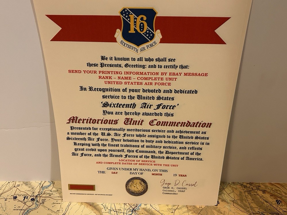 U.S. AIR FORCE / 16TH AIR FORCE - MERITORIOUS UNIT COMMENDATION CERTIFICATE