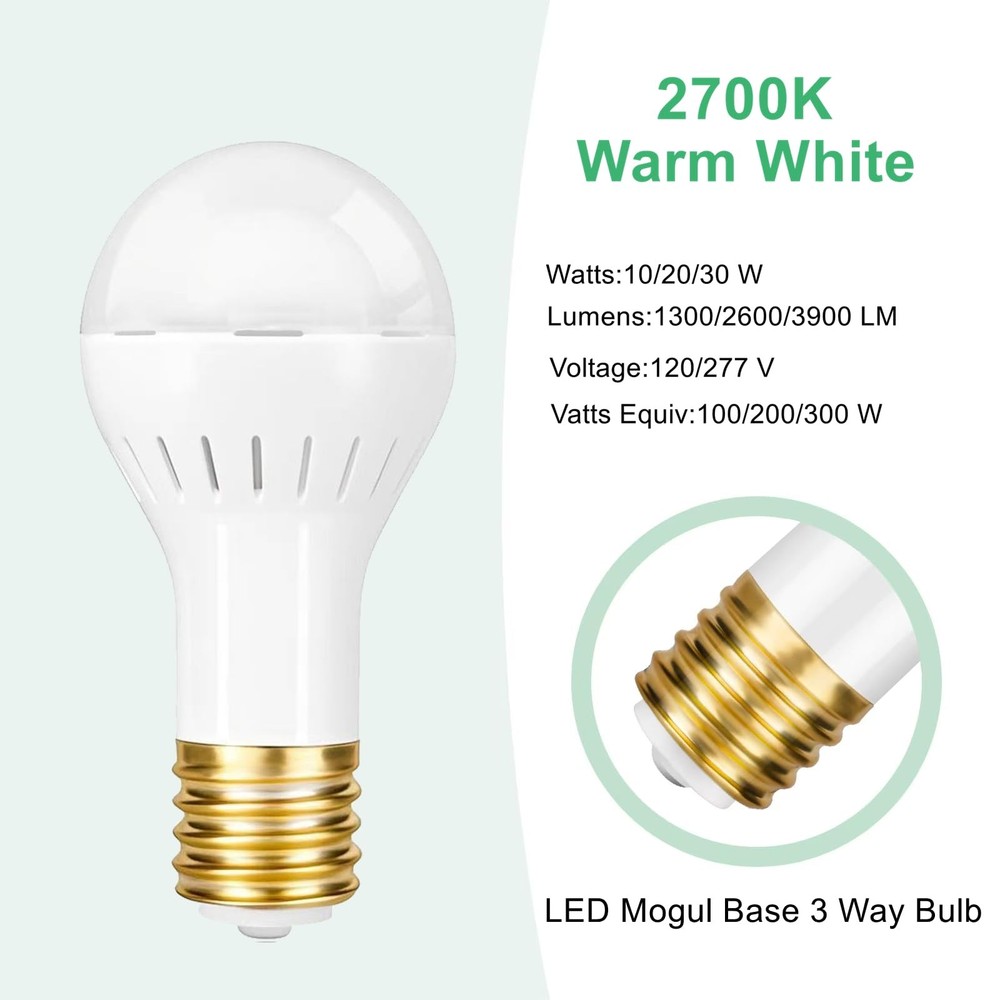 2-Pack Mogul Base 3 Way Bulbs LED 10/20/30 Watts,Replacement Incandescent Lig...