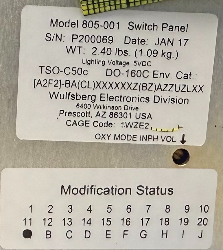 Switch Panel 805-001 w/ Yellow Tag