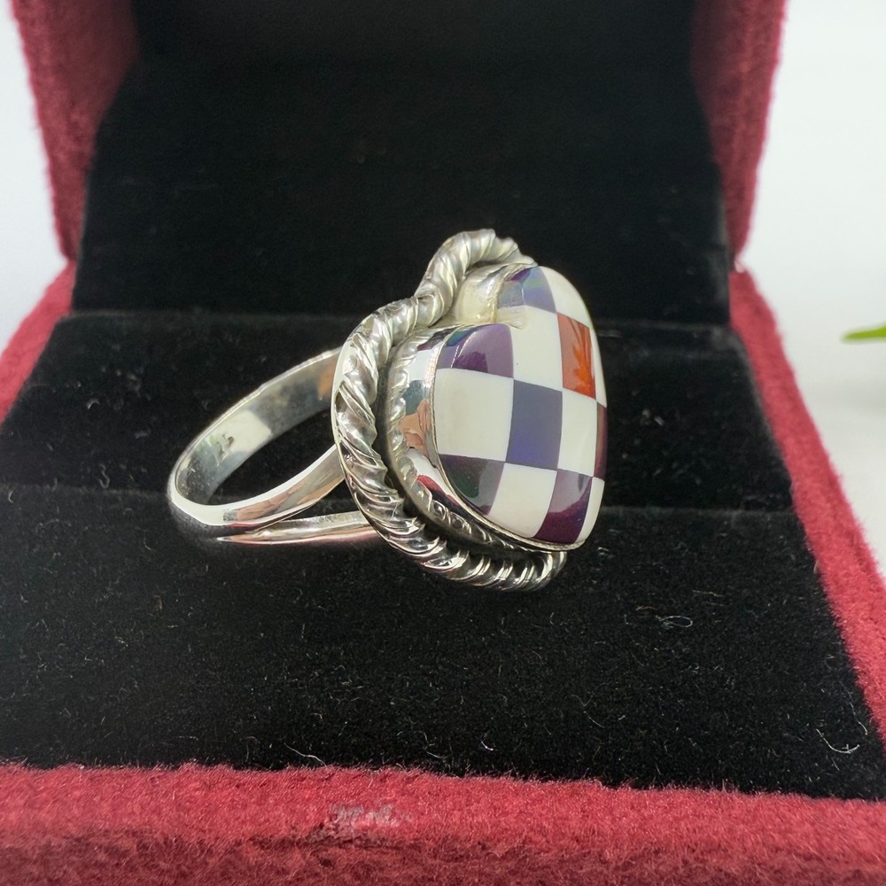 925 Sterling Dainty Silver Ring Aurora Opal Checkered Silver Ring Lab Opal Ring