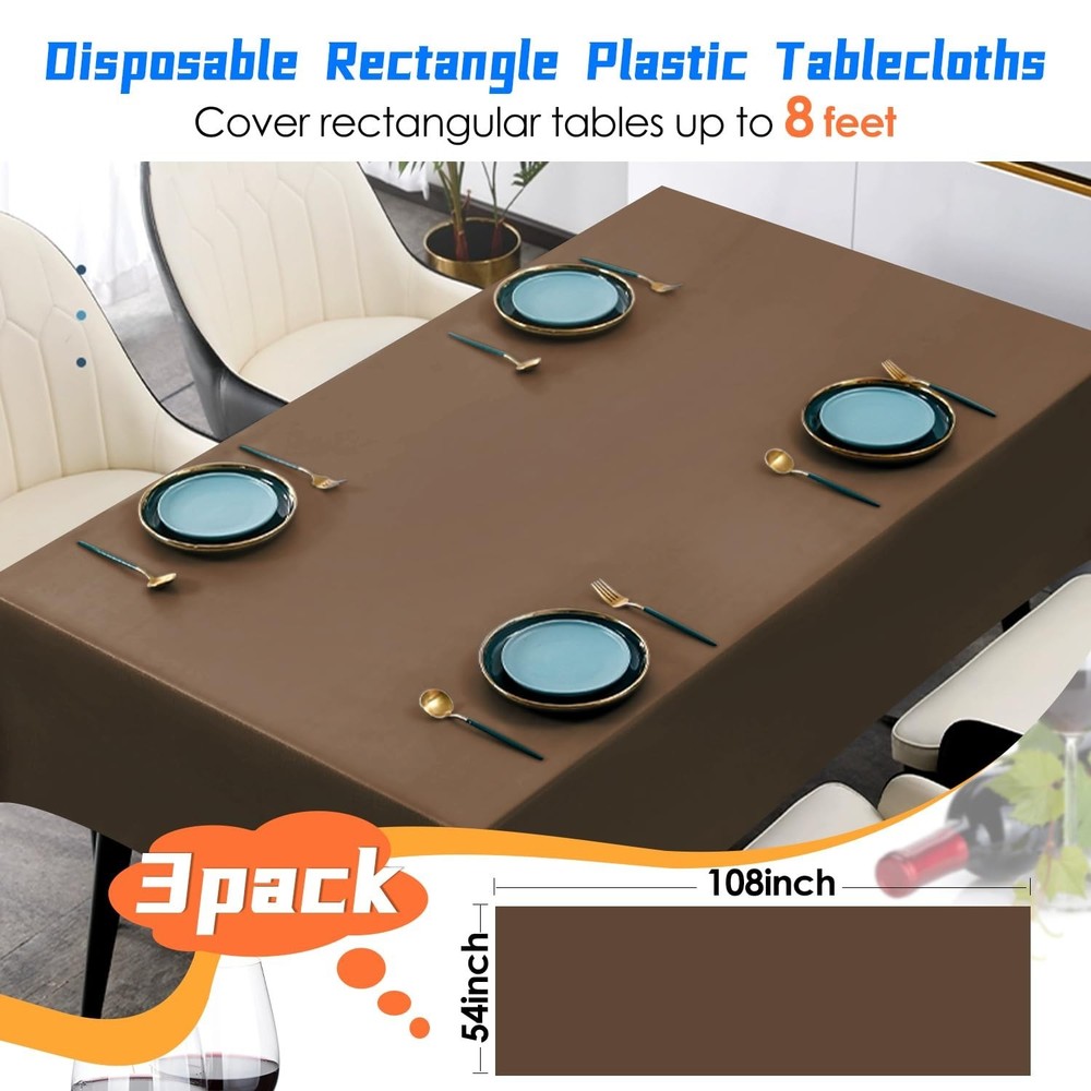 3 Pack Brown Plastic Tablecloth Disposable Rectangular Table Cloth 54 x 108 I...