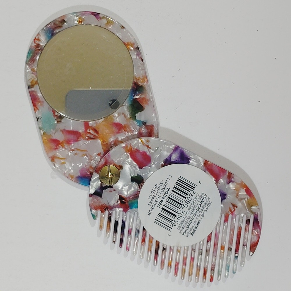 Compact Mirror & Comb – Monogram “J” Foldable Accessory – 3.5"x2.375" Closed