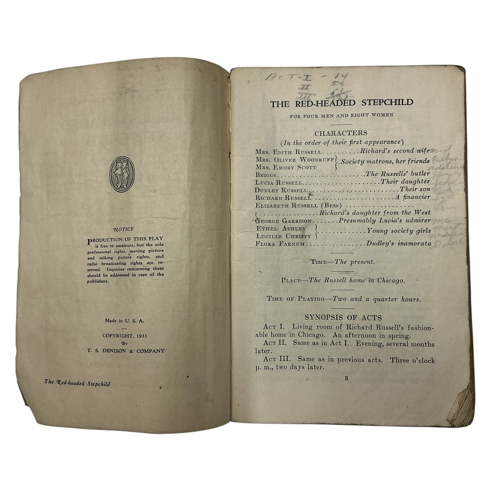 1931 The Red-Headed Stepchild Charles George Denison's Select Plays Script Vtg