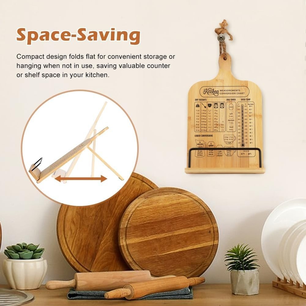 Rustic Wooden Cookbook Stand with Measurement Chart - Space-Saving & Adjustable