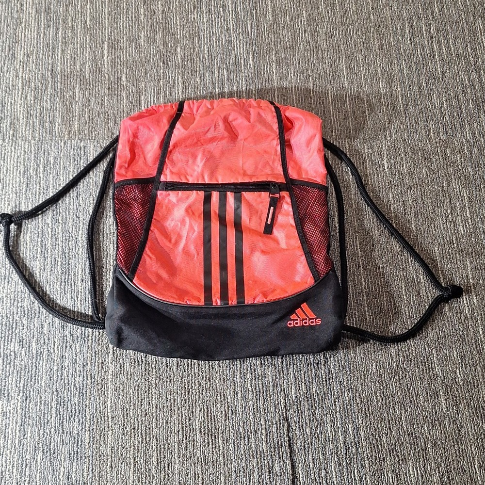adidas Red & Black Drawstring Gym Bag Zip Closure Mesh Pocket Adjustable Strap