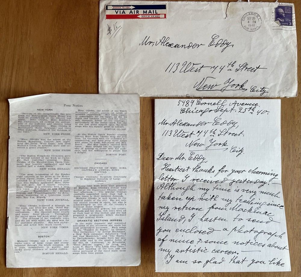 German Opera Singer Rosa Olitzka Autograph Letter (Good Content)