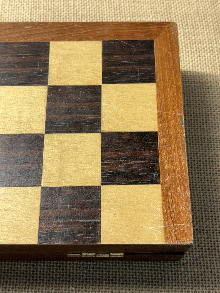 Vintage Wood Chess Set Folding Board Storage Box Complete **READ