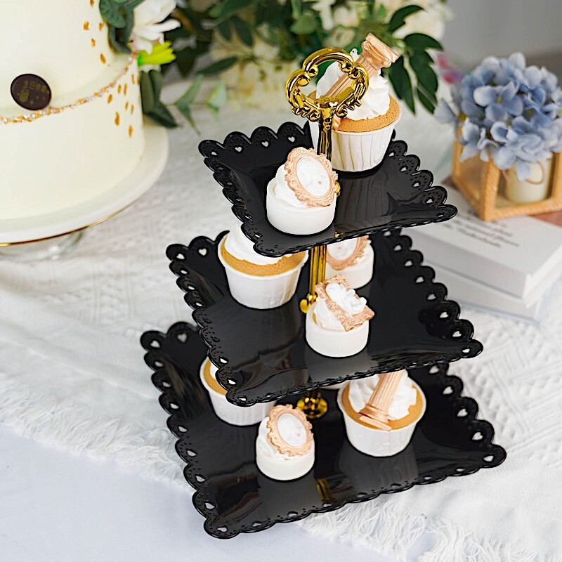 13" Square 3 Tier Plastic CUPCAKE HOLDER Hearts Trim Wedding Decorations