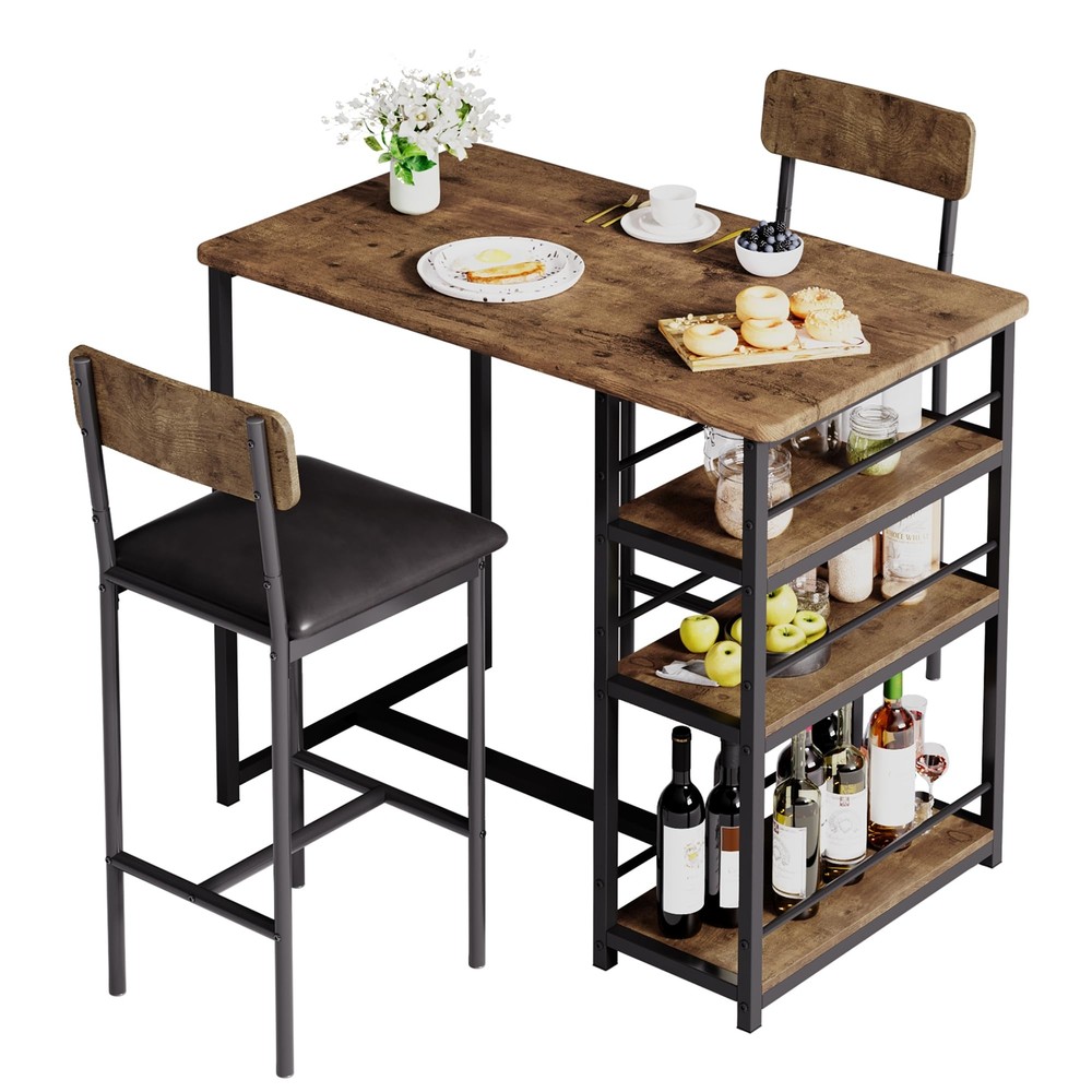 Modern Dining RoomTable Set for 2 Kitchen Table with 2 Chairs w/ Storage Shelves