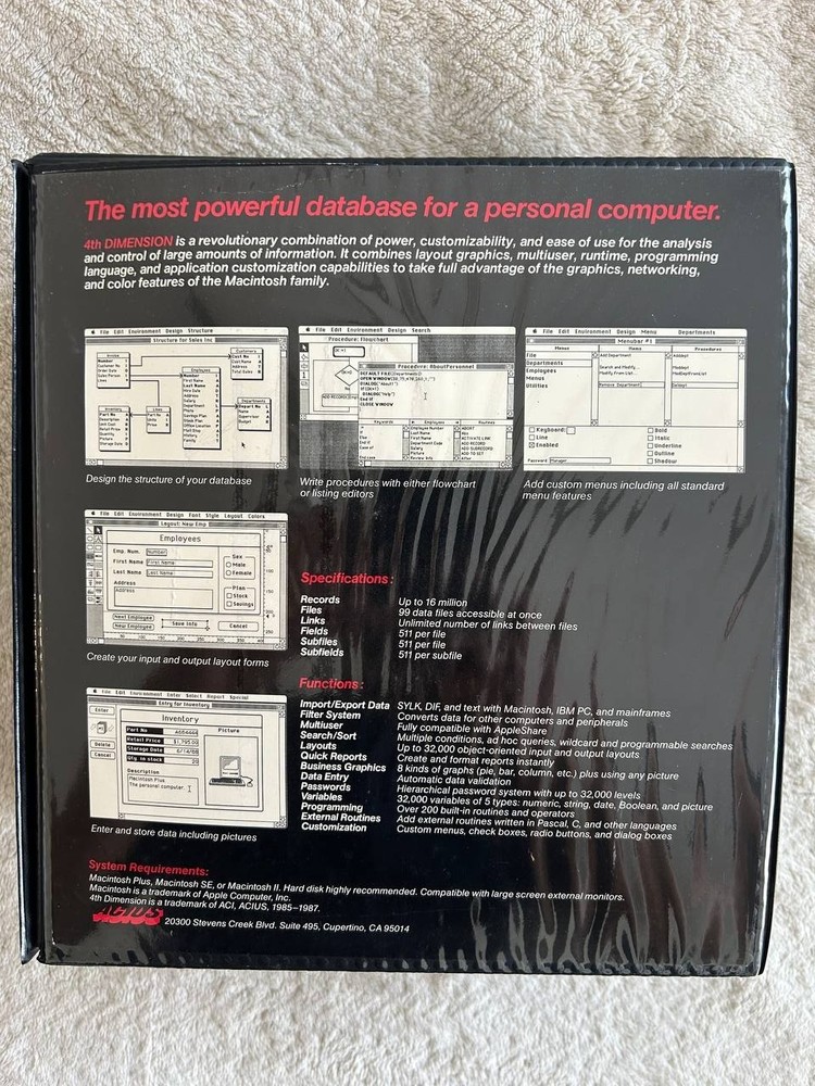 4th Dimension Apple Macintosh software. ACIUS Relational Database For Macintosh
