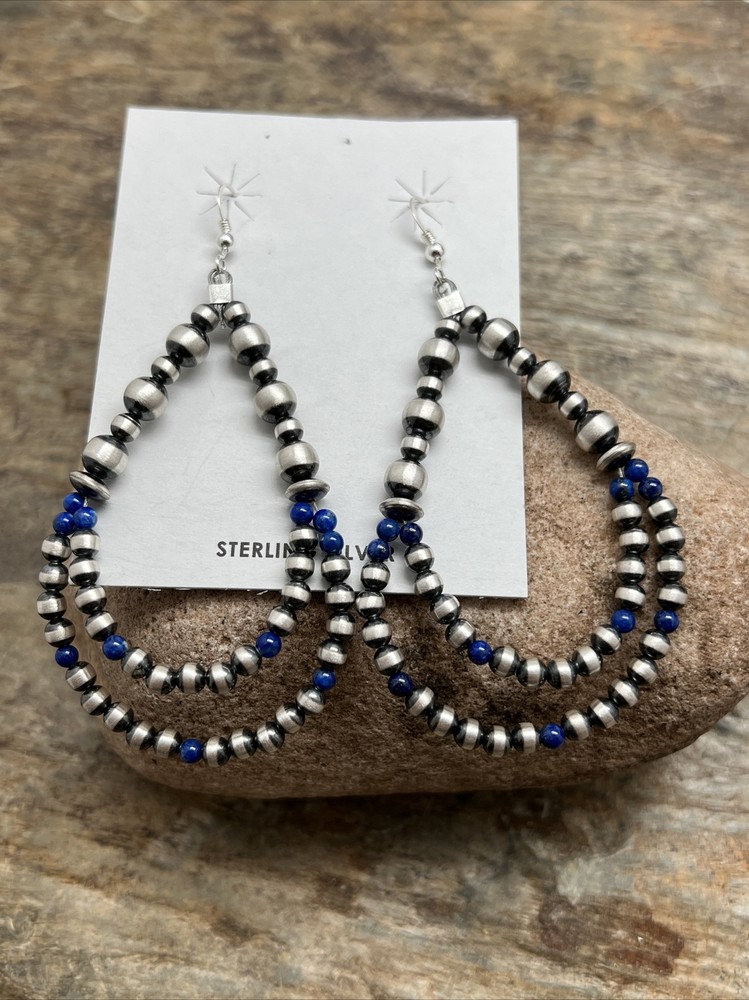 Sterling Silver Pearls Double Loop Lapis Bead Earrings.
