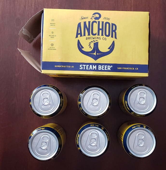Anchor Steam Beer 6-pack cans EMPTY bottom opened can x 6 open box packaging