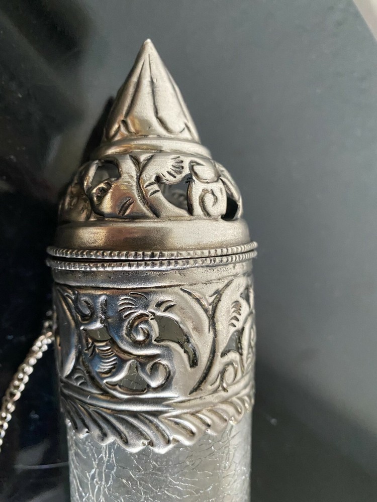 Middle Eastern pierced white metal scroll holders with broken glass effect