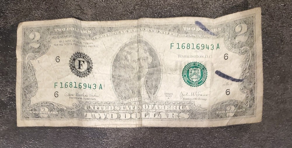 2003 $2 Dollar Bill (Major Printing Errors) Black ink, Misalignment Error & Doub