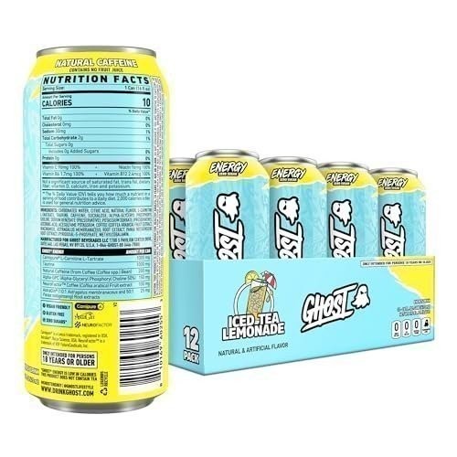 GHOST Energy Drink Iced Tea Lemonade, 16oz (12 Pack)