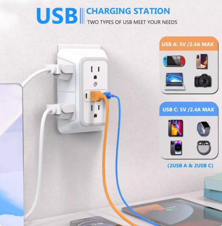 Electrical Wall Socket Outlets Adapters with 6 AC outlets and 4 USB (2 Type C)