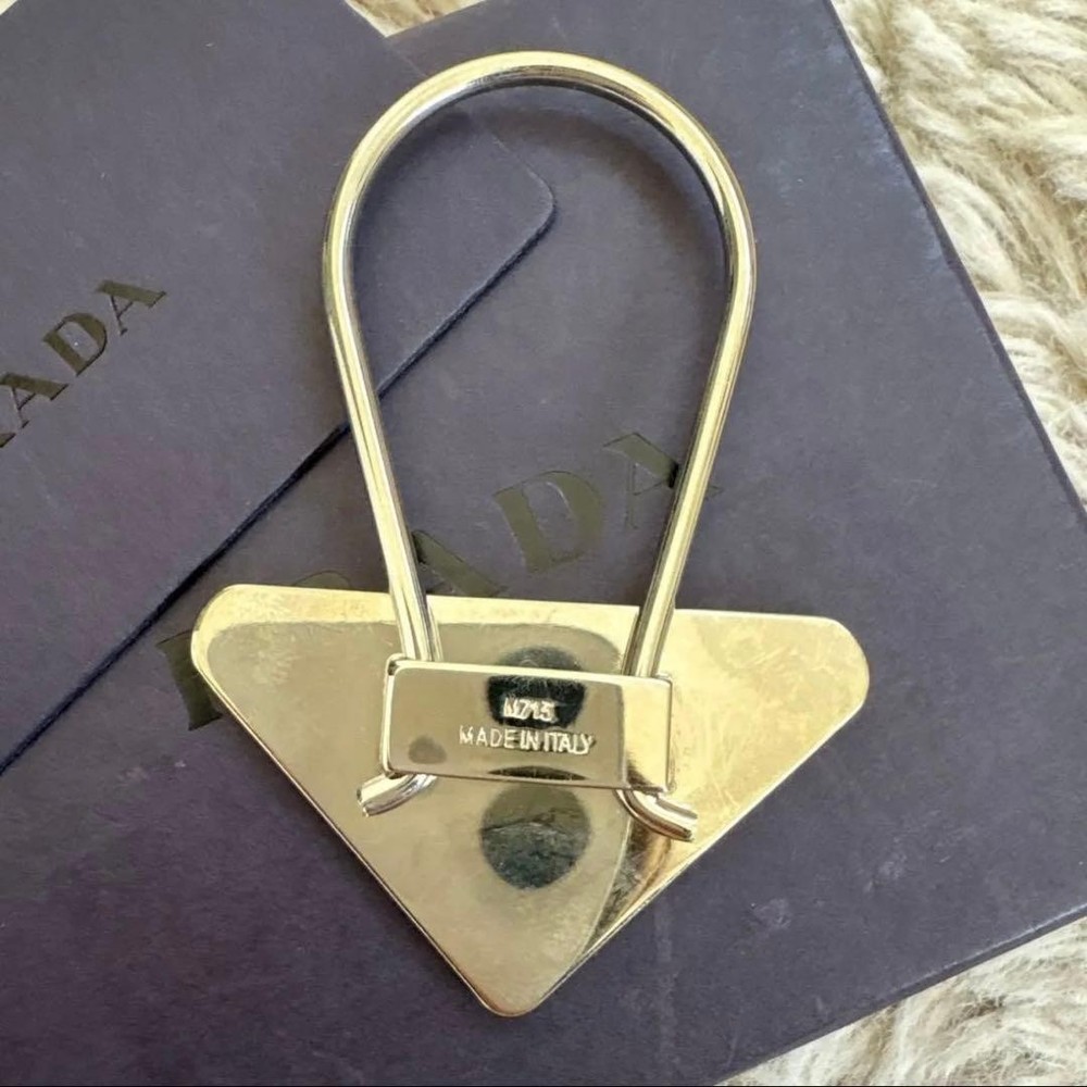 PRADA Triangle Metal Keychain Charm Black Silver