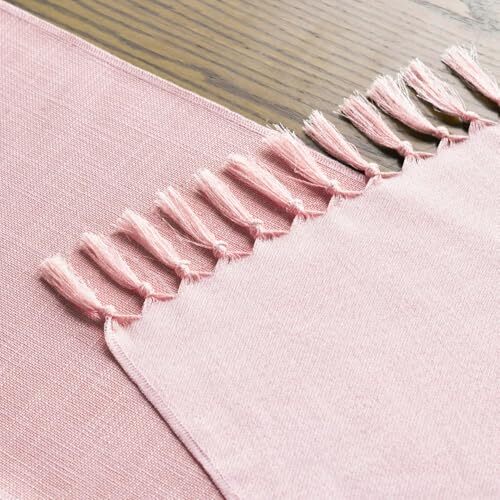 Tassel Table Runner, Linen Blend Rustic 13" x 36", Table Runner Blush Pink