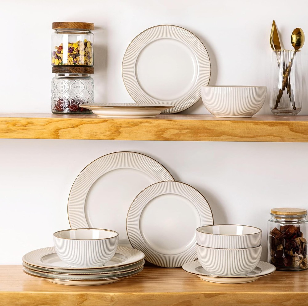 Ceramic Dinnerware Sets,12 pcs Embossed Elegant Stoneware Plates & Bowls Sets