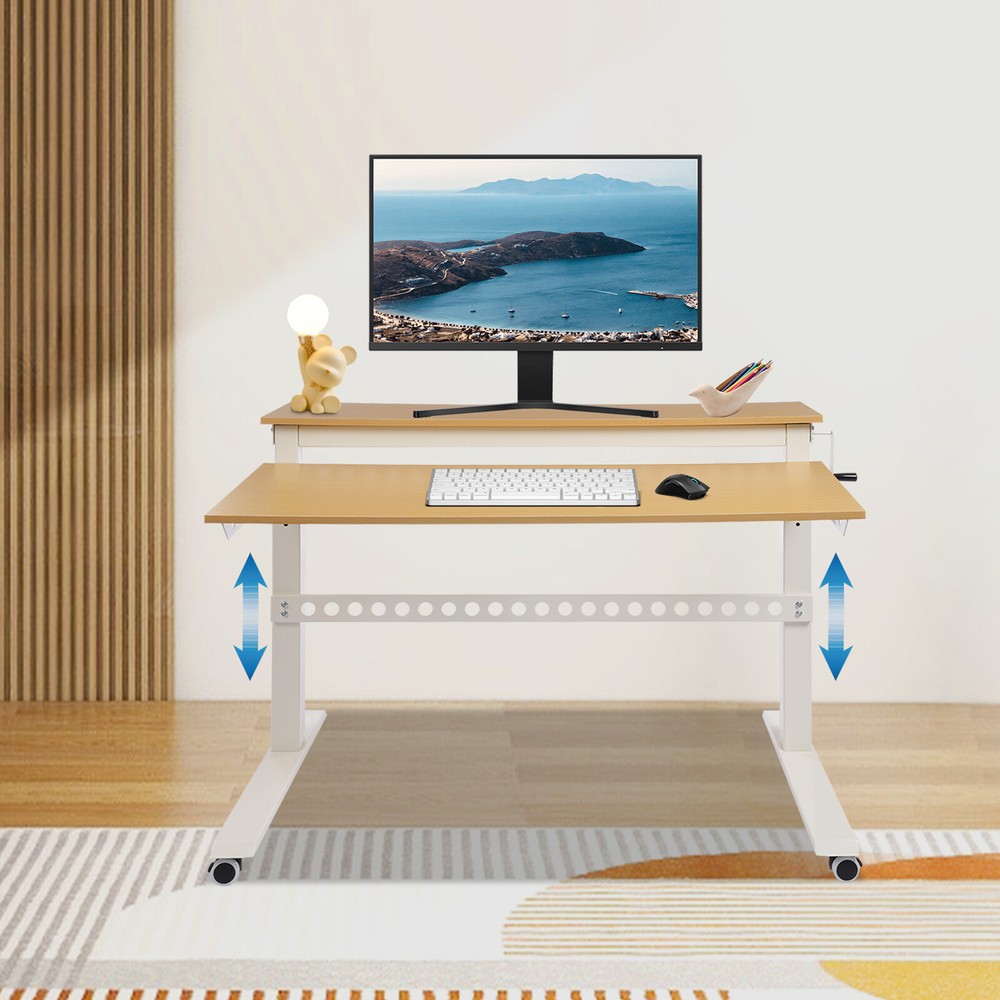 2-tier Standing Desk Adjustable Rolling Compiter Desk With Crank Handle