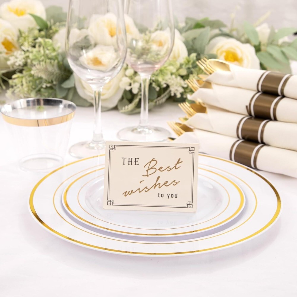 350 Pieces Gold Plastic Disposable Dinnerware Set w/Silverware and Cups Plates