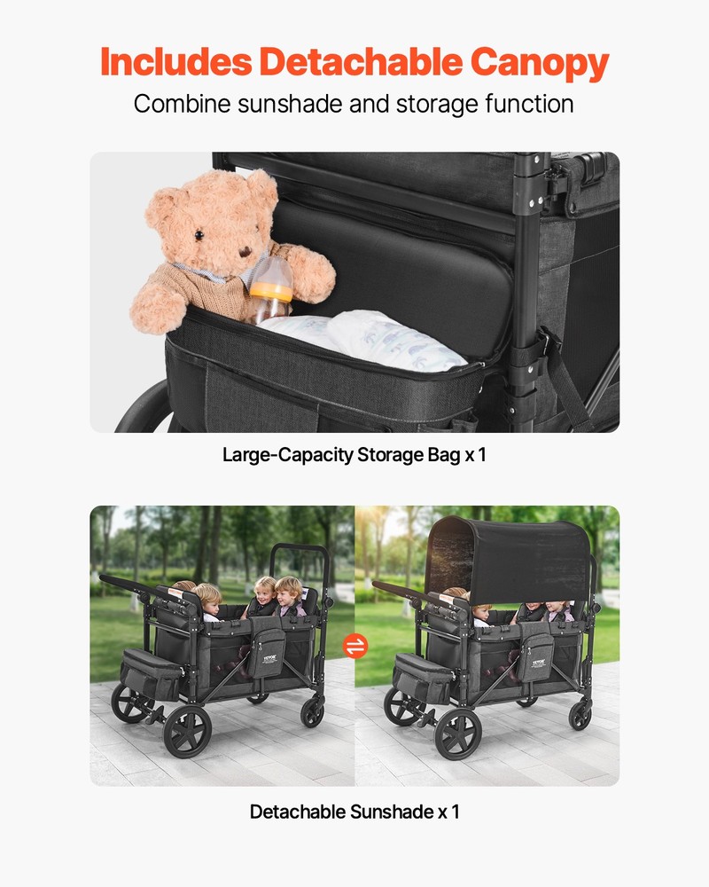 VEVOR Wagon Stroller 4 Kids Push Pull Quad Collapsible Stroller 330LBS Capacity