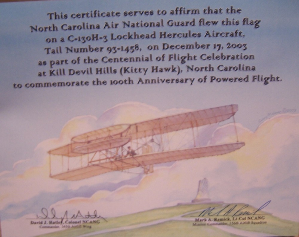 Centennial of Wright Brothers First Flight--COMMEMORATIVE CERTIFICATE & US FLAG