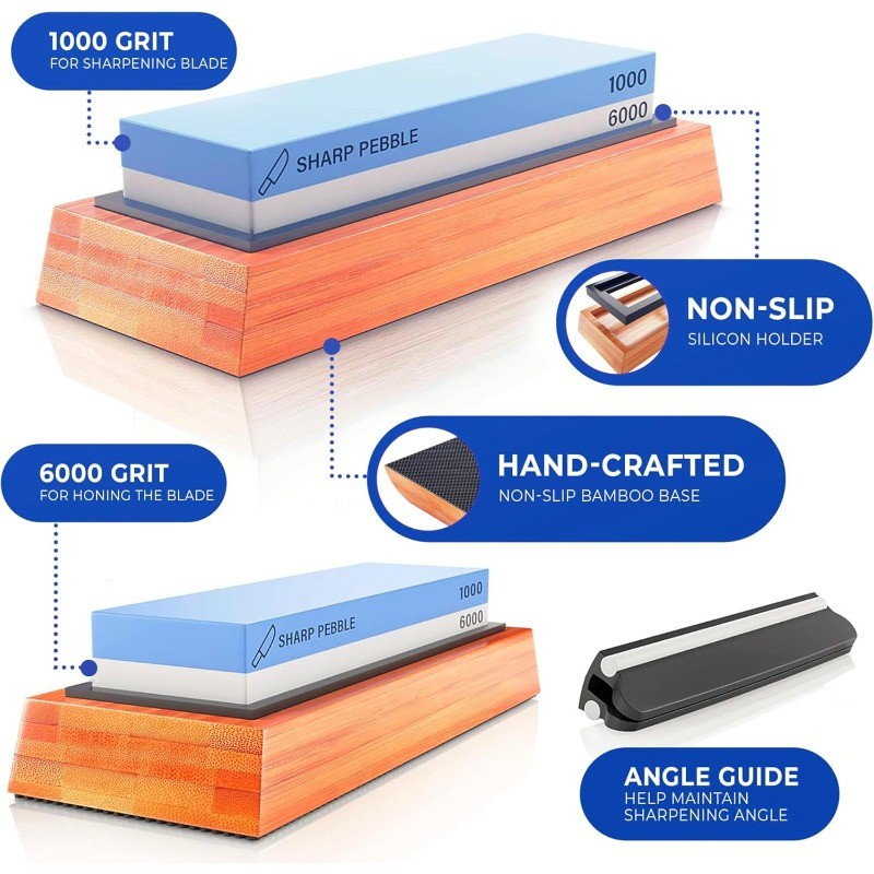 Sharp Pebble Dual-Grit Whetstone Kit (1000/6000) with Bamboo Base & Guide
