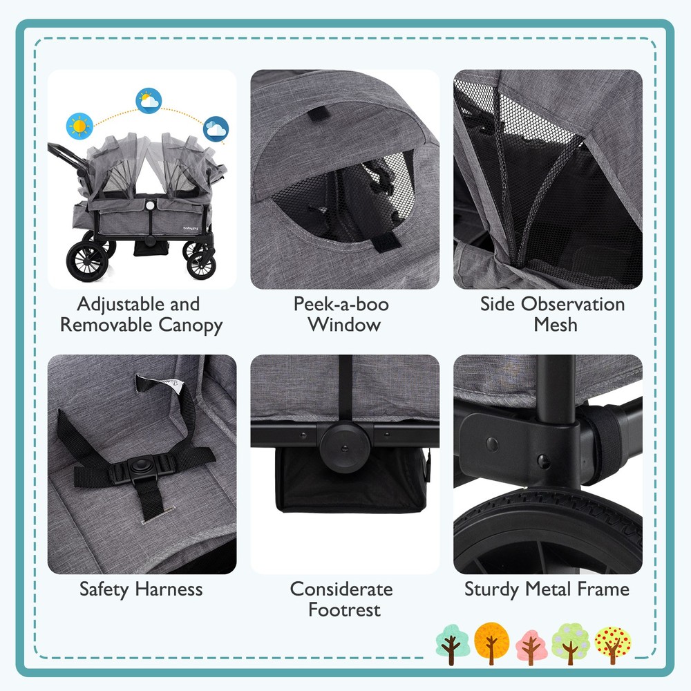 Wagon Stroller for 2 Kids Push Pull Double Stroller w/ Adjustable Handle