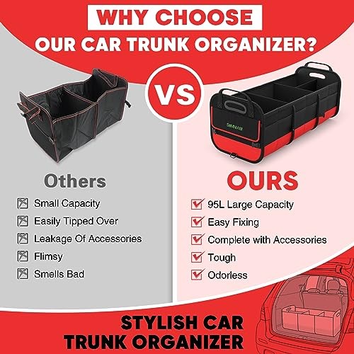 Large Trunk Organizer for Car, Collapsible Multi Compartment Car Medium Red