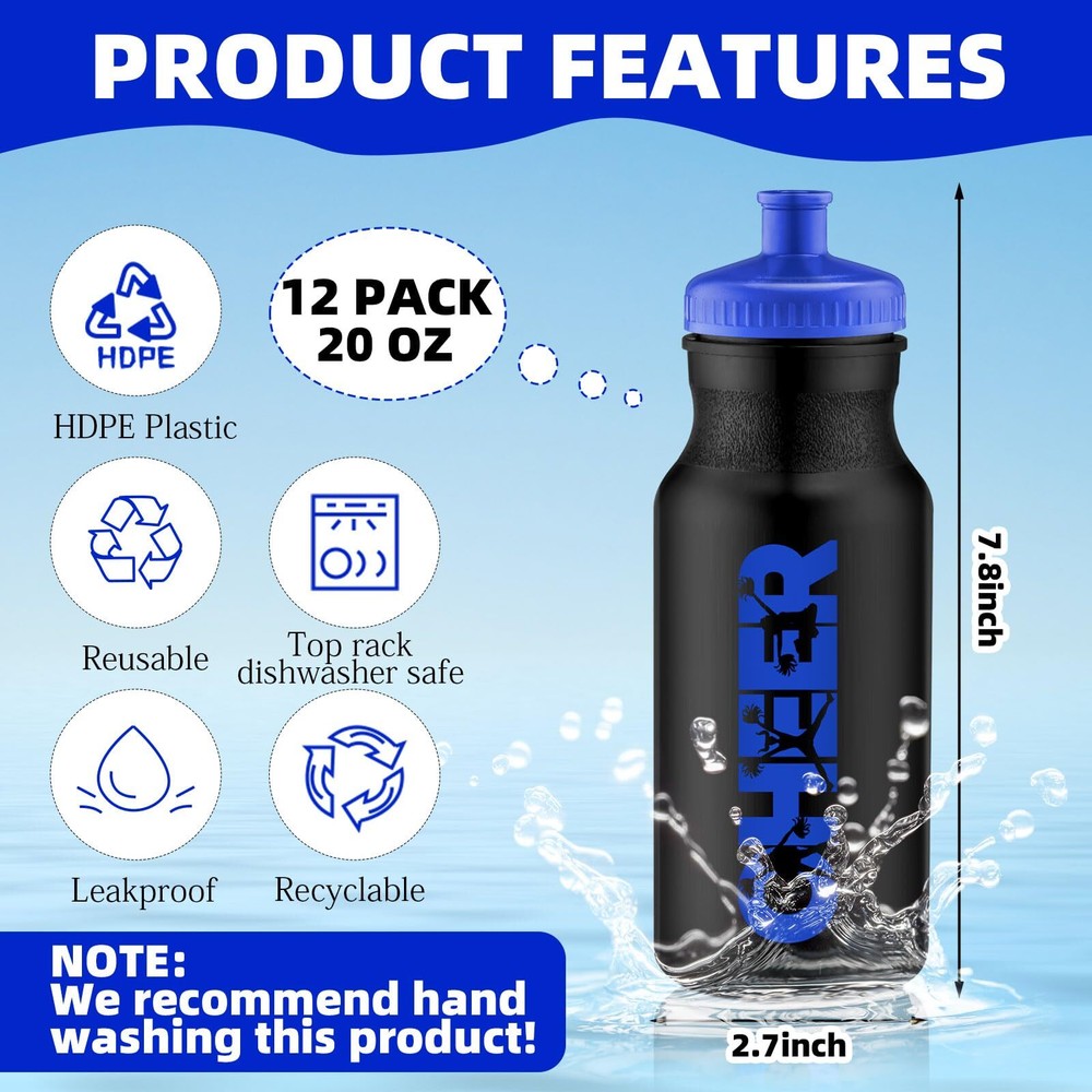 Cheerleading Water Bottles 20oz Reusable Plastic Squeeze with Pull Top 12 Pack