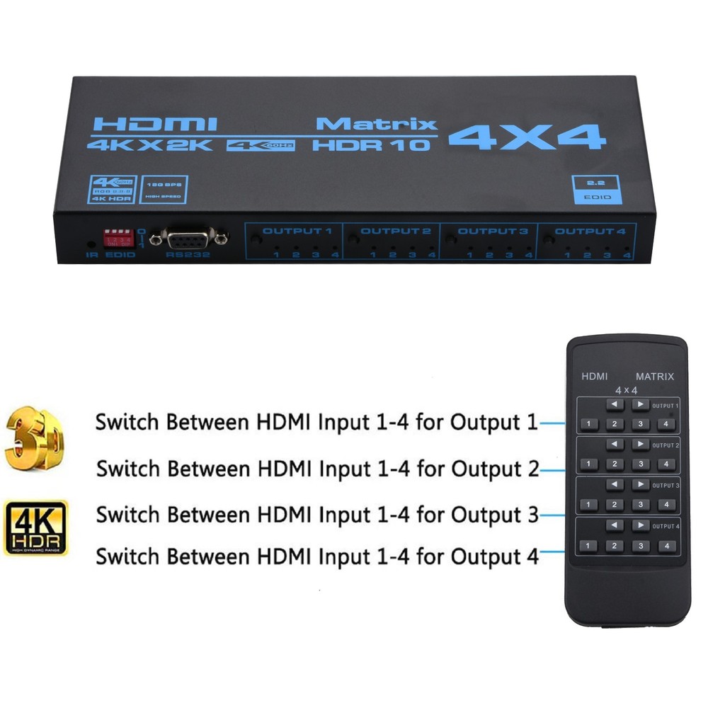 HDMI Matrix Switch 4x4, 4 In 4 Out 4K with EDID Extractor IR Remote Control