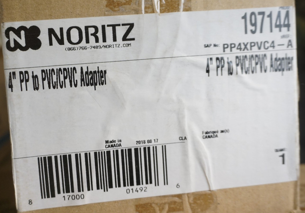 Noritz PP4XPVC4-A 4"PP to 4" PVC Adapter 4" PVC to 5" Used With CDVNRVK 197144