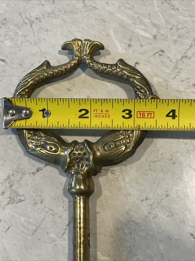 Vintage Large Solid Brass Fireplace Damper Pull Hook 9” Dolphins