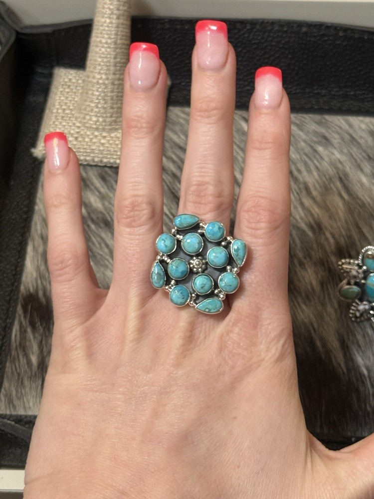 Native Southwest Sterling Silver Blue Turquoise Cluster🩵💙 Ring Adjustable