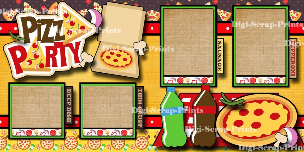 PIZZA PARTY ~ 2 premade SCRAPBOOKING pages paper piecing LAYOUT prints DIGISCRAP